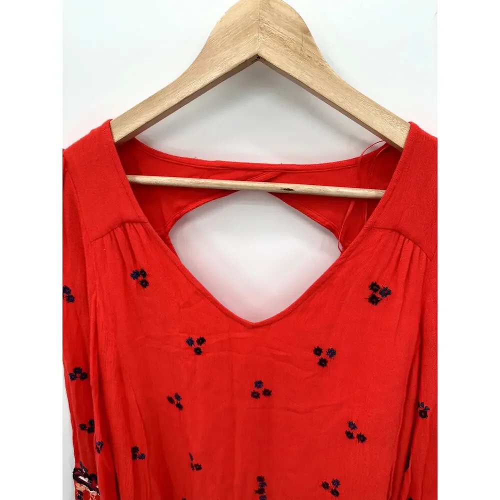 FREE PEOPLE Oxford Embroidered Mini Dress in Coral Red  // S